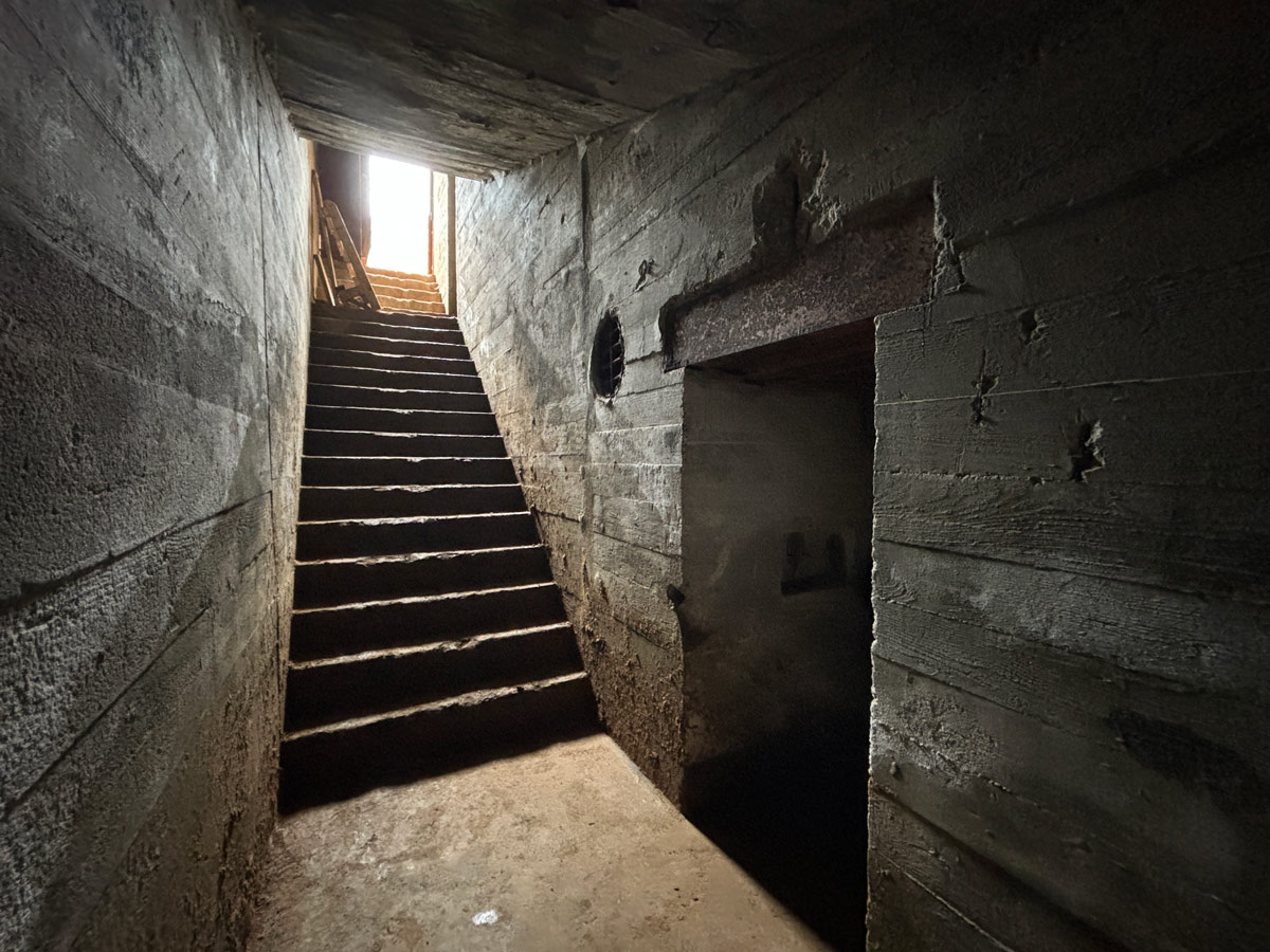 A photo taken from down the stairs of a bunker looking up out towards the outside.